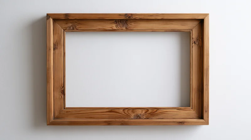 Empty rustic wooden picture frame hanging on a white wall