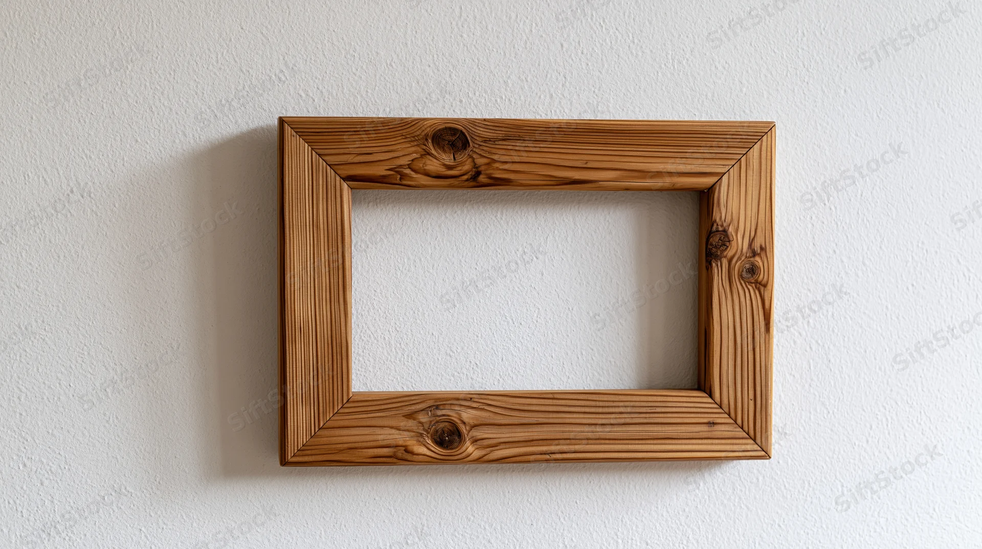 Empty rustic wooden picture frame hanging on a white wall