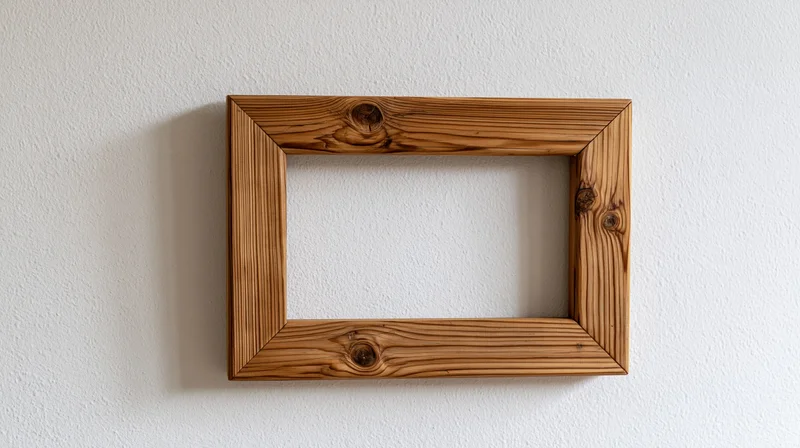 Empty rustic wooden picture frame hanging on a white wall