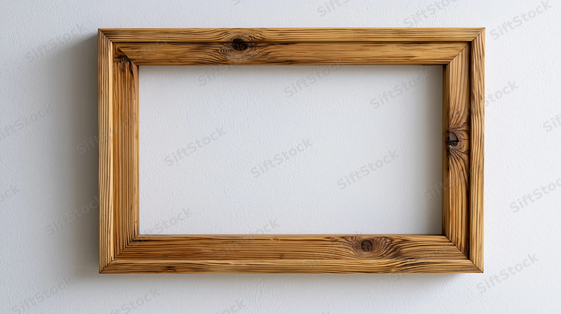 Rustic wooden picture frame hanging on a white wall with visible wood grain and empty center