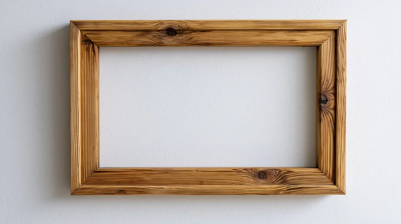 Empty wooden picture frame with visible wood grain and knots