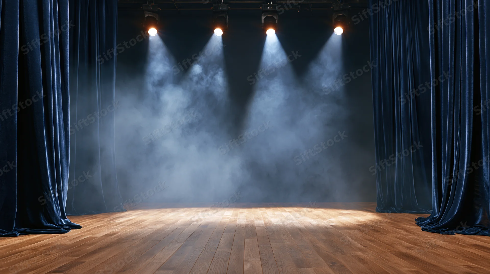 Empty theater stage with spotlights and smoke between blue velvet curtains