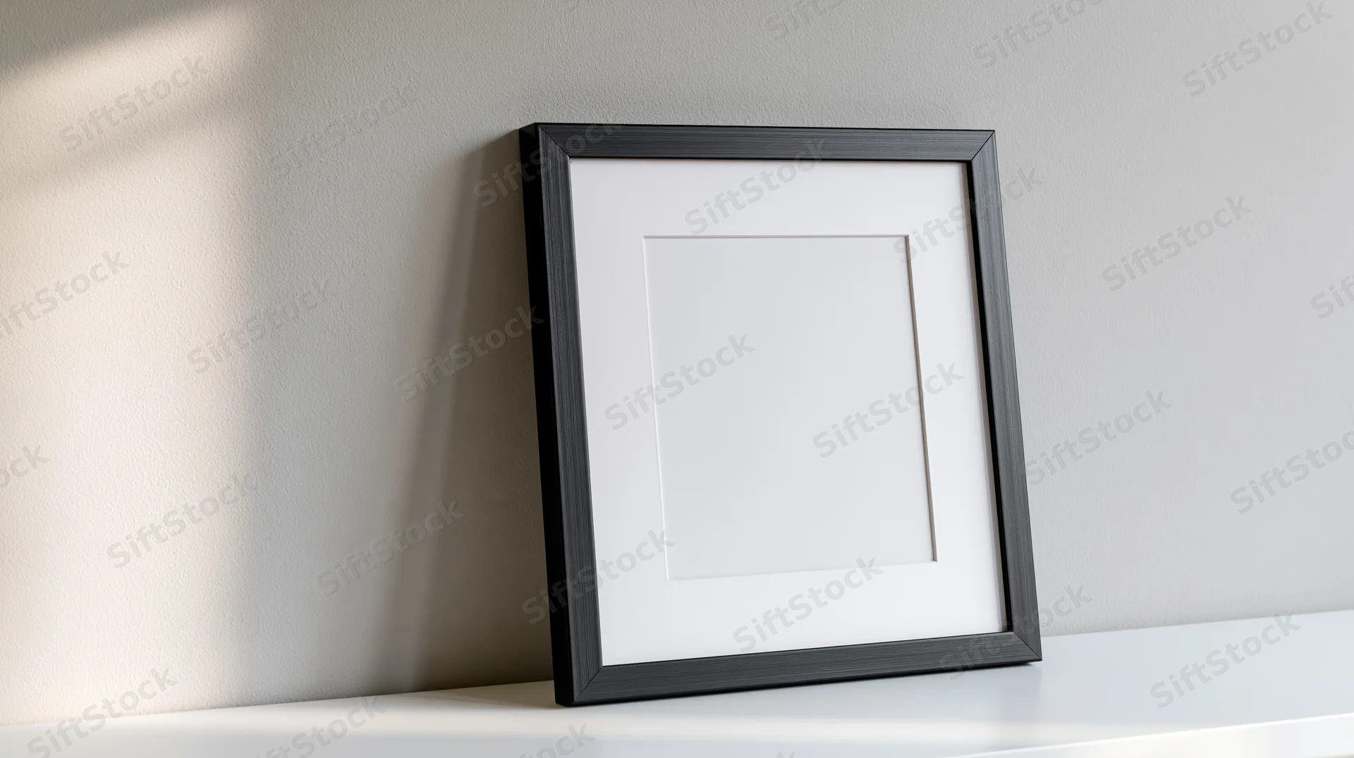 Black picture frame with white mat leaning against wall on white shelf