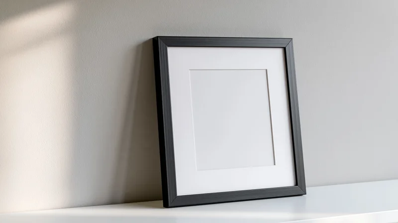 Black picture frame with white mat leaning against wall on white shelf