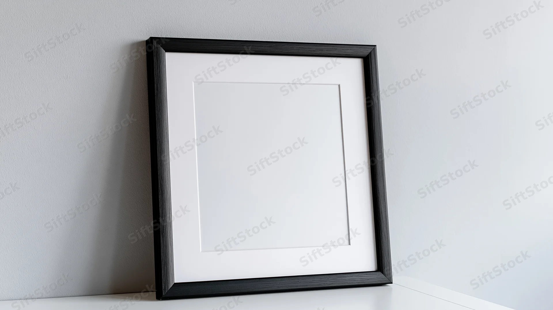 Black picture frame with white mat leaning against wall on shelf