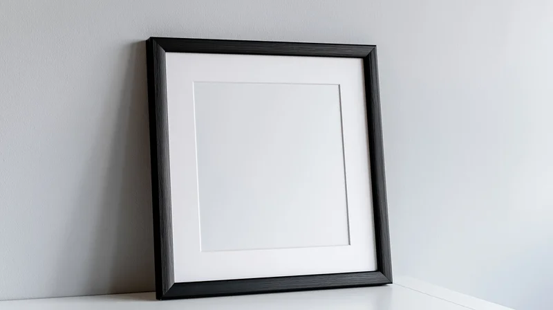 Black picture frame with white mat leaning against wall on shelf