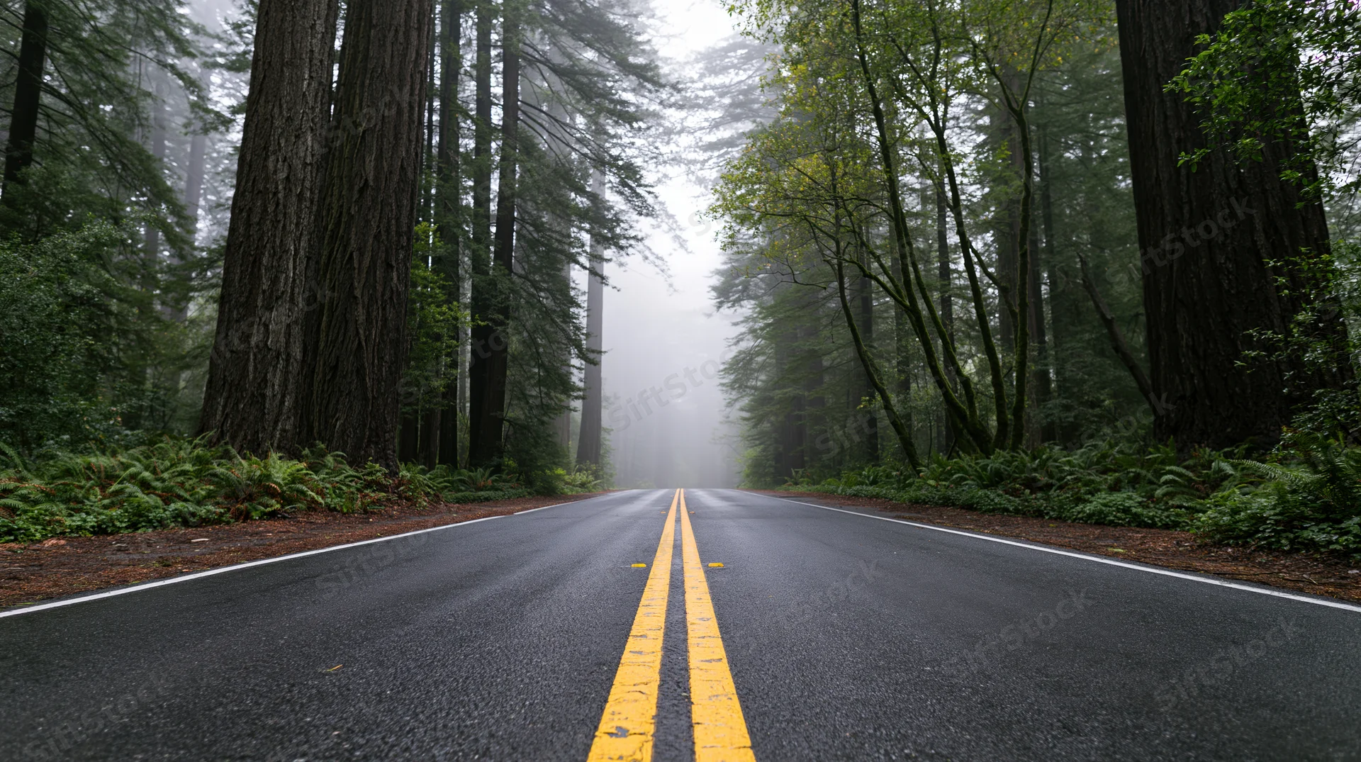 Straight asphalt road with double yellow lines cutting through foggy redwood forest