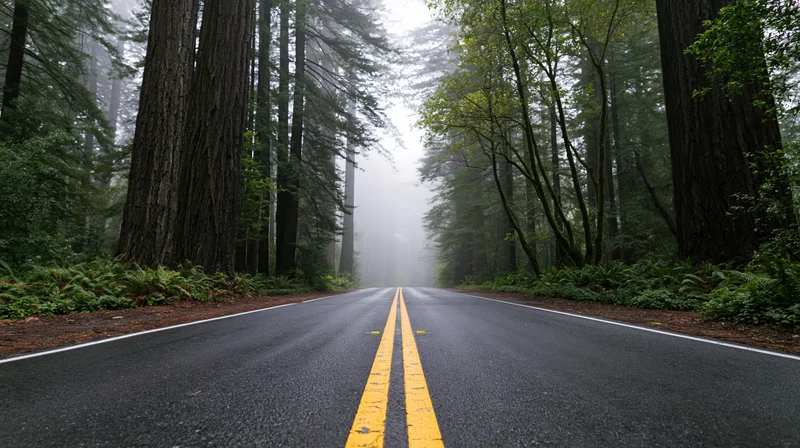Straight asphalt road with double yellow lines cutting through foggy redwood forest