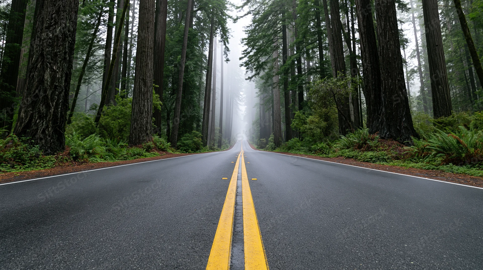 Straight asphalt road with yellow center line cutting through foggy redwood forest