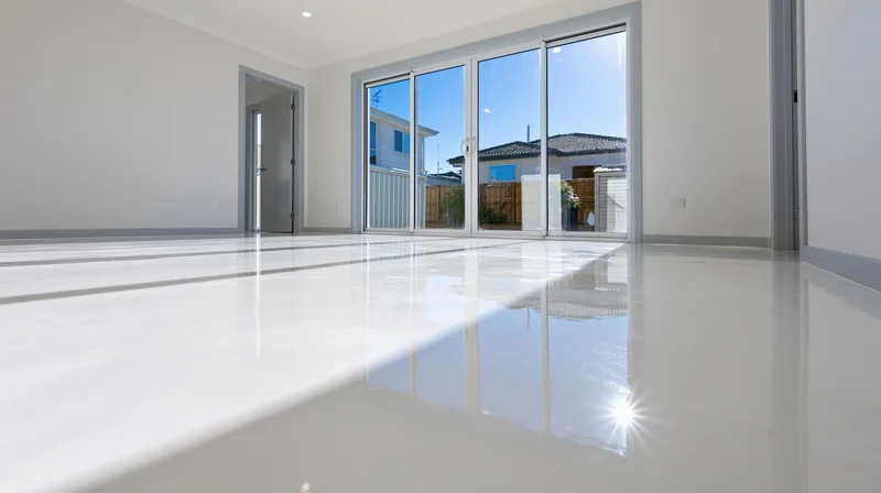 Empty modern room with glossy white floor and sliding glass doors letting in sunlight