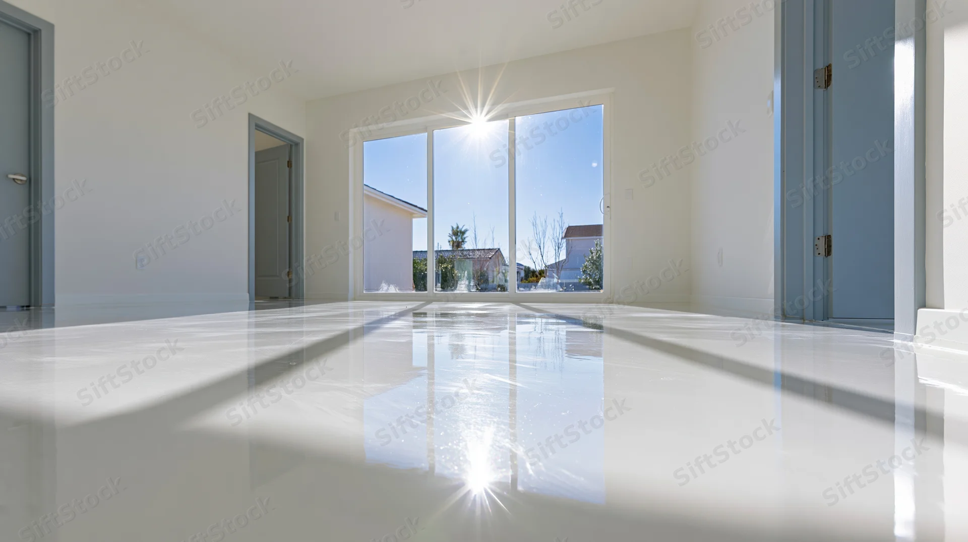 Empty modern room with glossy reflective floor and large windows letting in sunlight