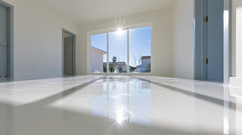 Empty modern room with glossy reflective floor and large windows letting in sunlight
