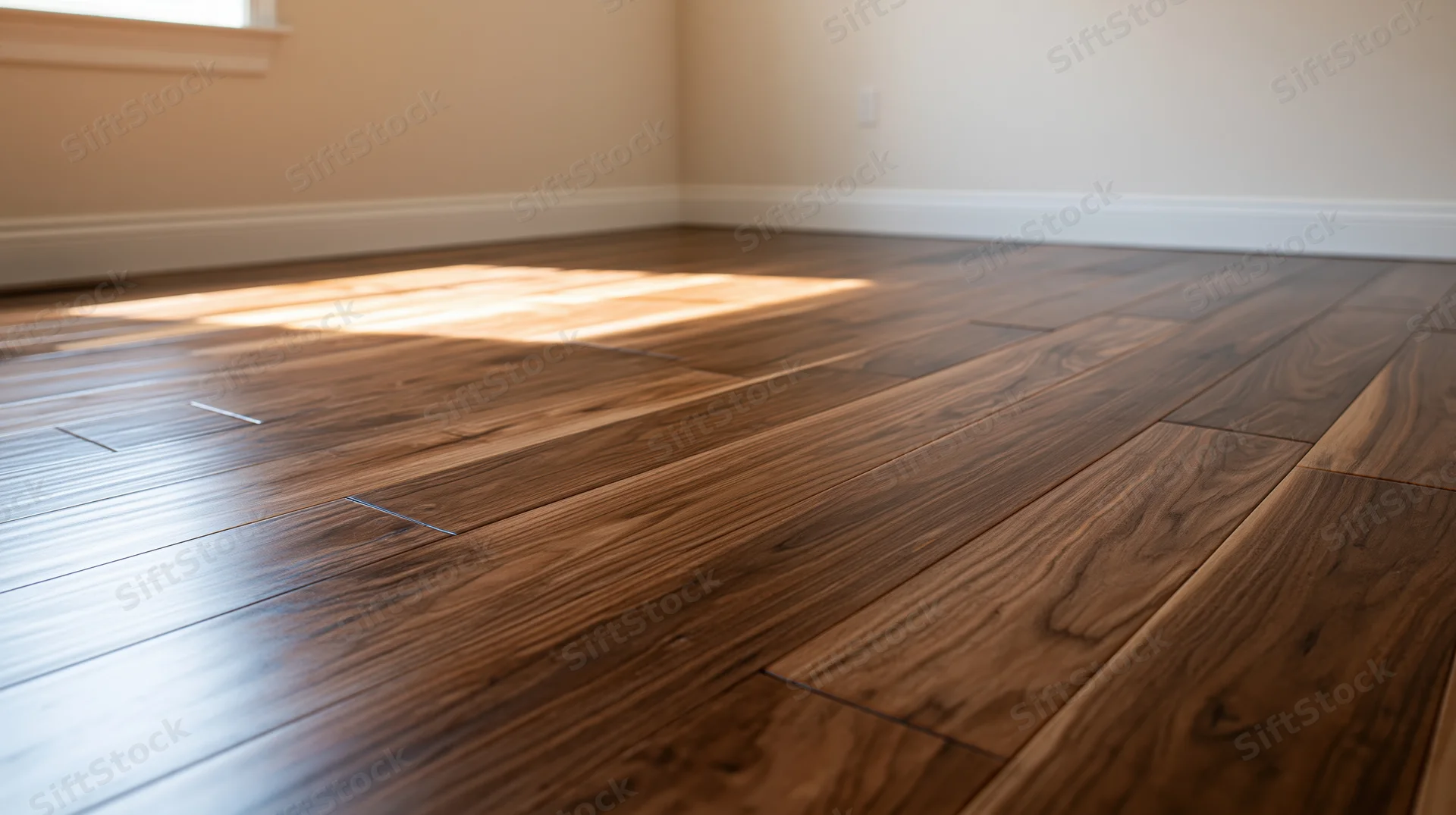 Dark walnut hardwood flooring in an empty unfurnished room with sunlight and shadows from a window
