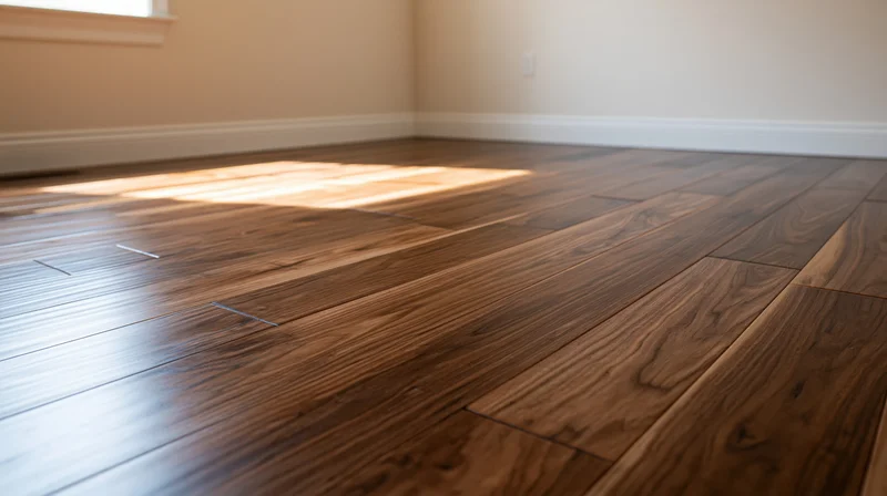 Dark walnut hardwood flooring in an empty unfurnished room with sunlight and shadows from a window