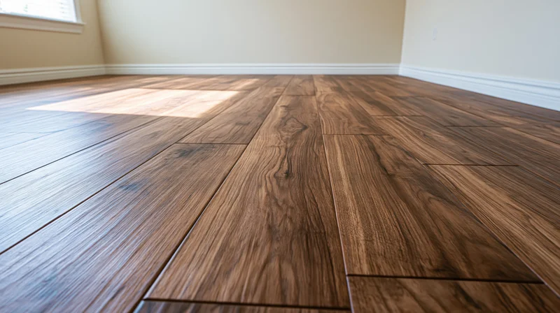 Dark walnut hardwood flooring in an empty unfurnished room with natural light from a window