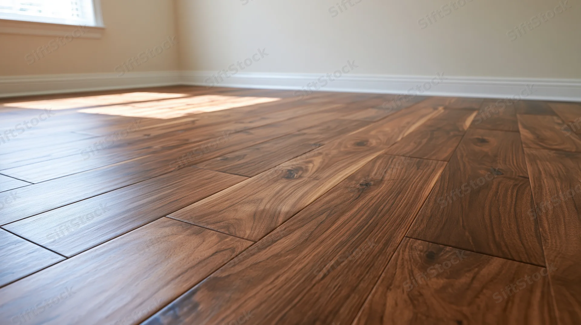 Dark walnut hardwood flooring in an empty unfurnished room with sunlight through a window