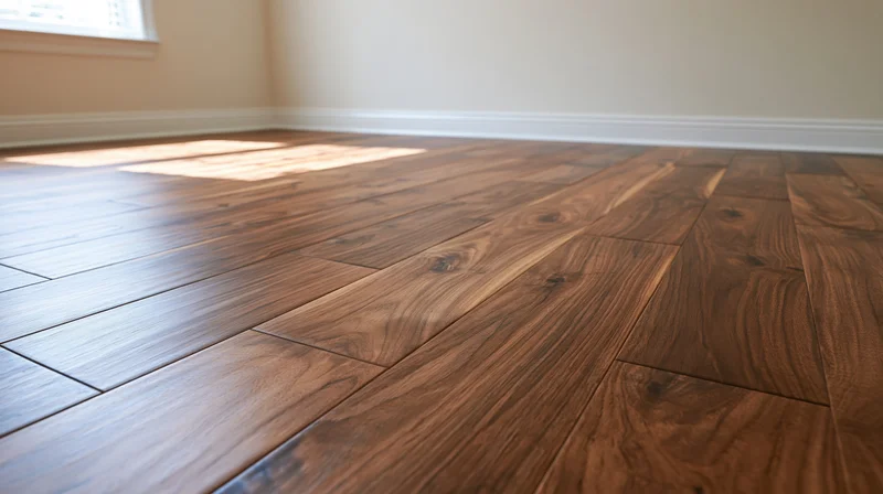 Dark walnut hardwood flooring in an empty unfurnished room with sunlight through a window