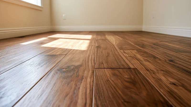 Dark walnut hardwood flooring in an empty unfurnished room with sunlight through a window