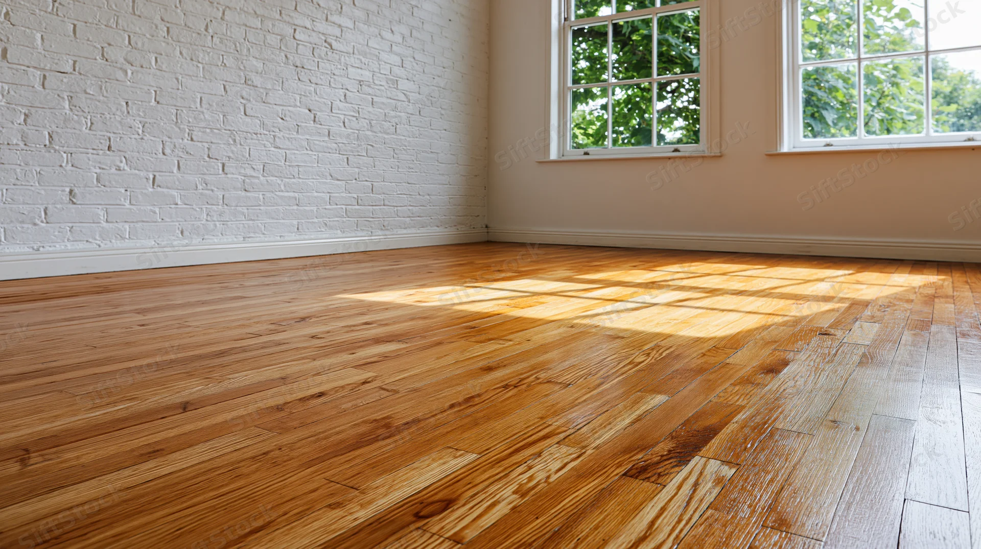 Empty room with hardwood parquet floor and white brick wall near windows letting in sunlight
