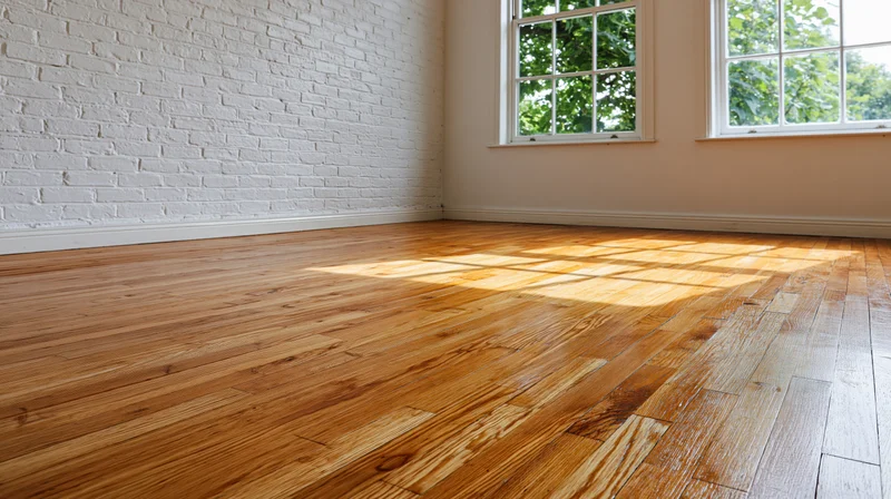 Empty room with hardwood parquet floor and white brick wall near windows letting in sunlight