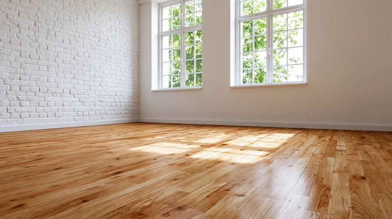 Empty unfurnished room with hardwood parquet floor and white brick wall near windows letting in sunlight