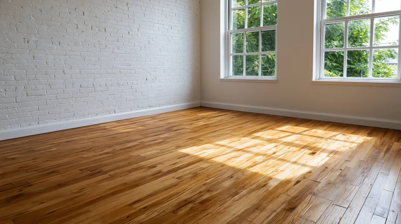 Empty room with hardwood floor and white brick wall near windows letting in sunlight