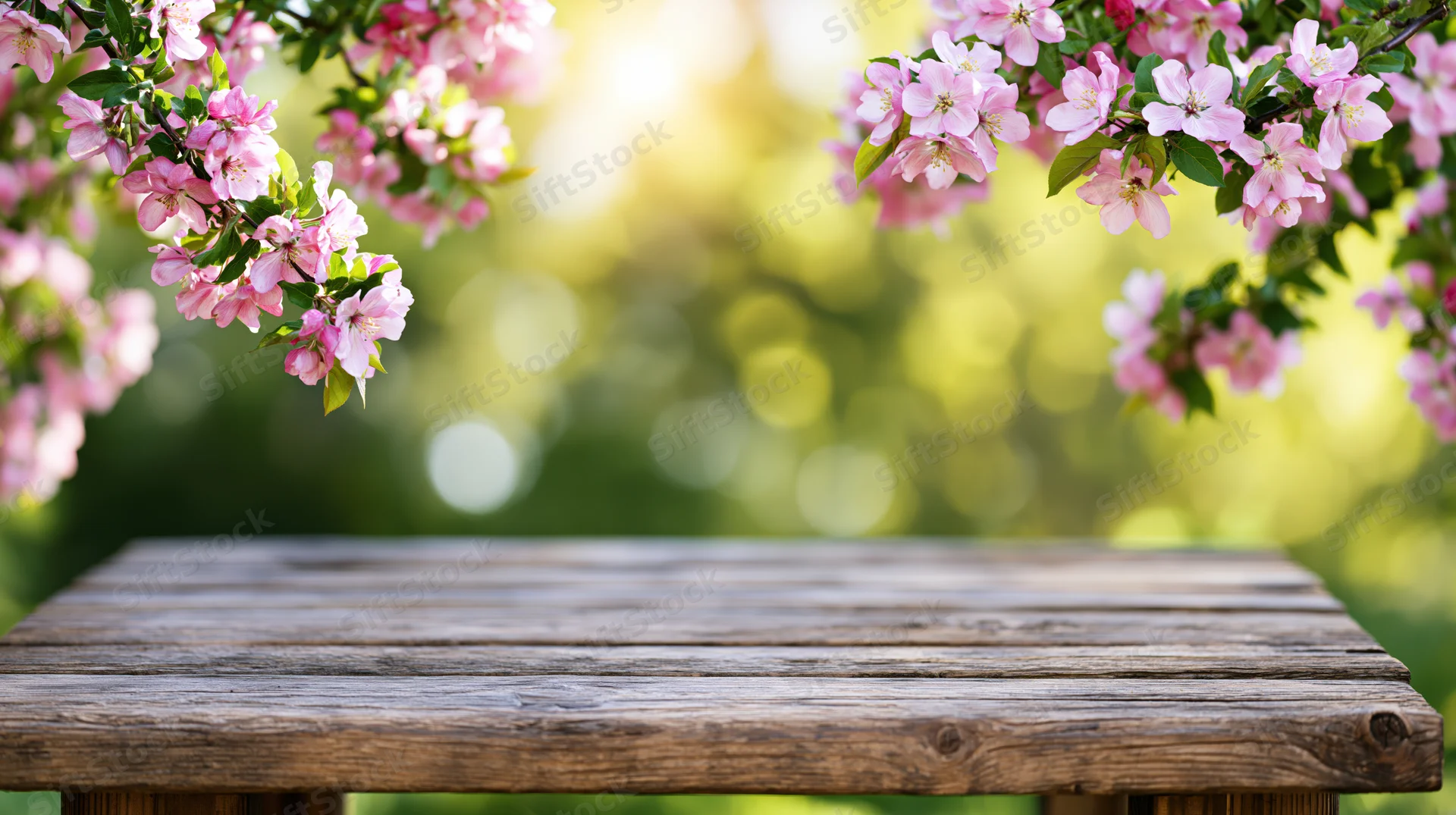 Weathered wooden table in a garden framed by pink cherry blossoms with soft sunlight and green bokeh background