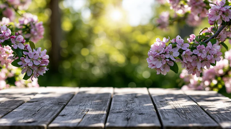 Weathered wooden table in a garden framed by pink blossoming branches in spring sunlight