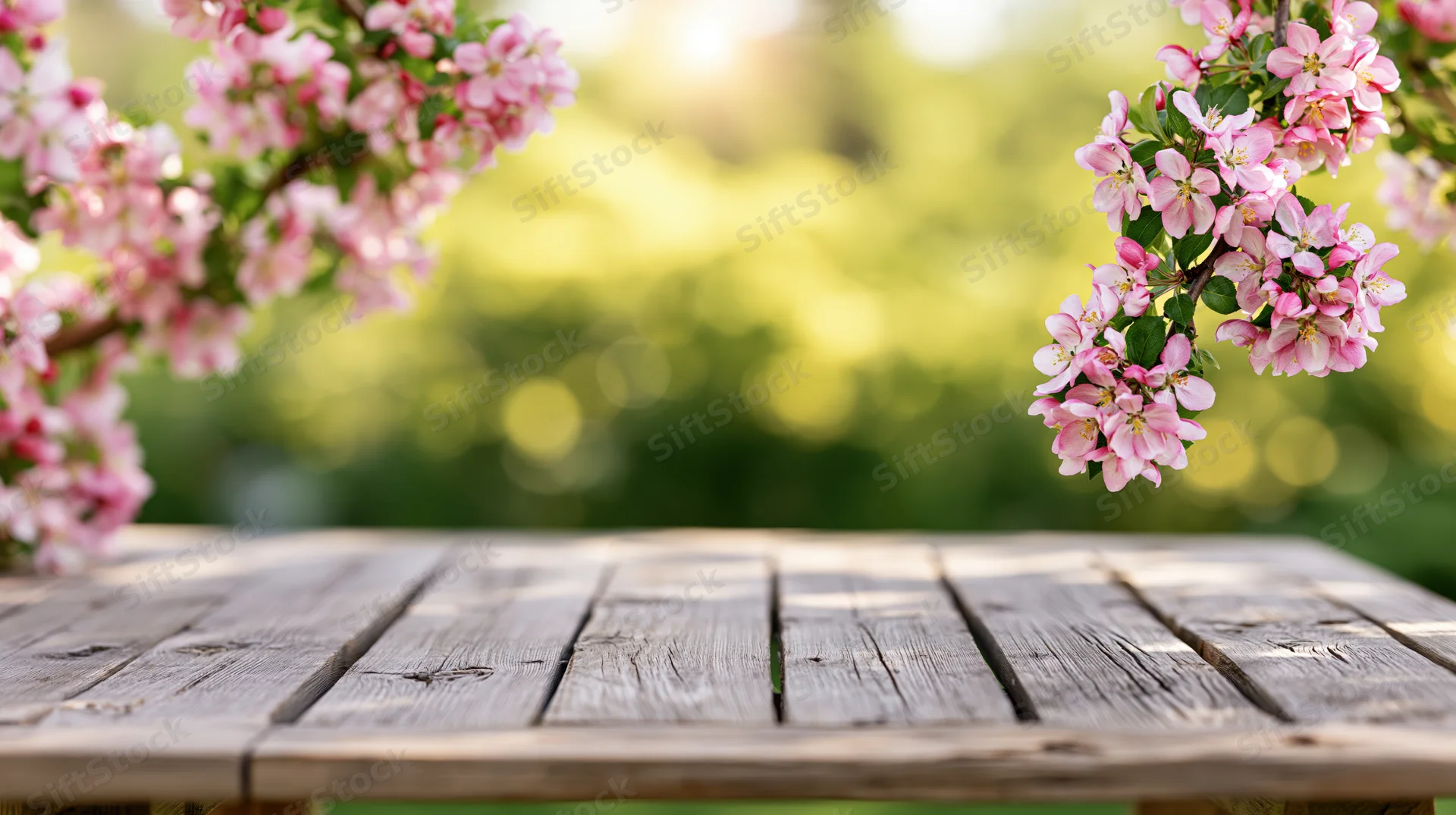 Weathered wooden table in a garden framed by pink blossoms with copyspace