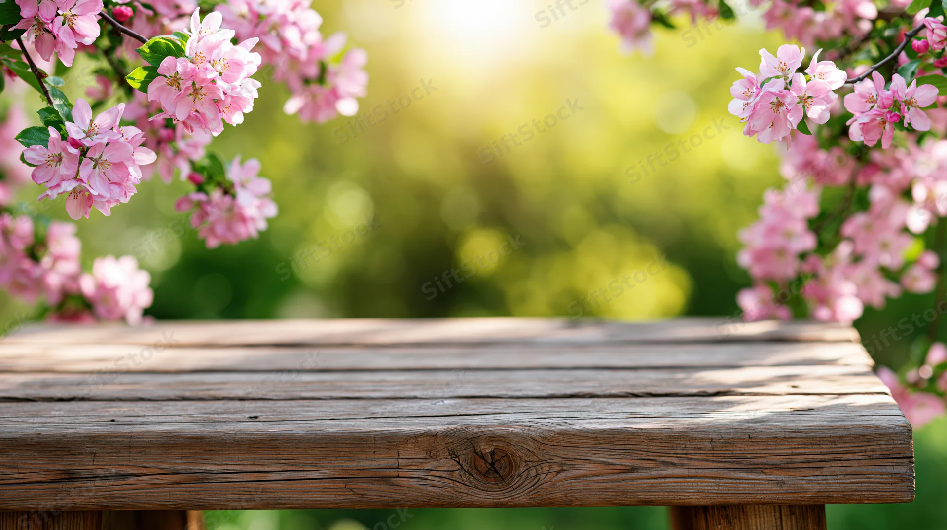 Weathered wooden table in a garden framed by pink cherry blossoms in spring