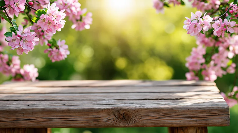 Weathered wooden table in a garden framed by pink cherry blossoms in spring