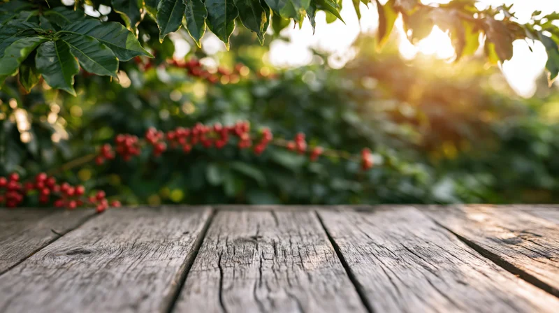 Weathered wooden table surface in foreground with coffee plant and red berries in background