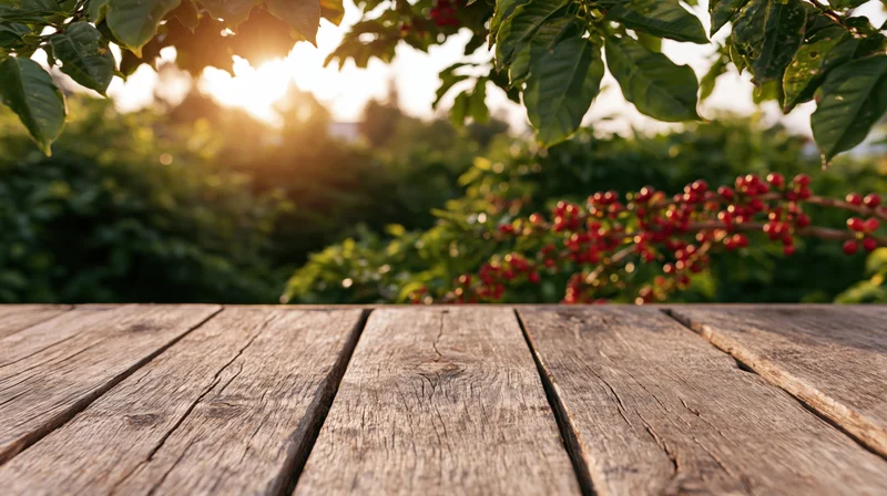 Weathered wooden table in a coffee plantation with cherry fruit and sunlight through leaves