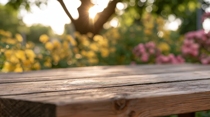 Weathered wooden table surface in a garden with blurred flowers and sunlight in the background