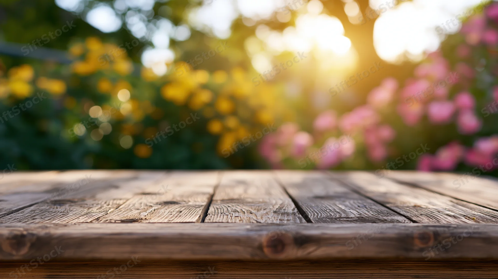 Weathered wooden table surface in a garden with blurred flowers and sunlight in the background