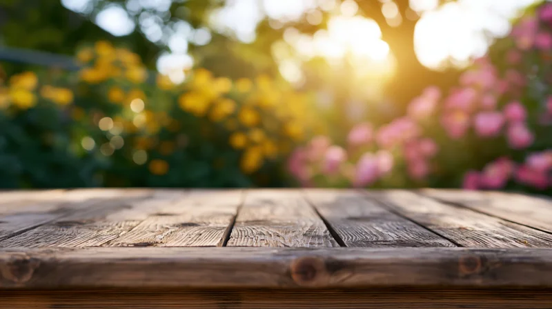 Weathered wooden table surface in a garden with blurred flowers and sunlight in the background