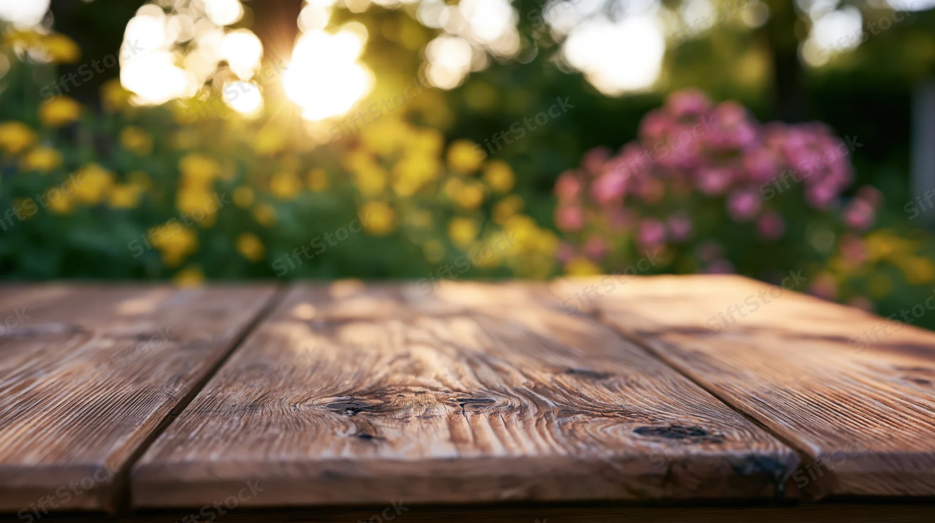 Weathered wooden table surface in a garden with blurred flowers and sunlight in the background
