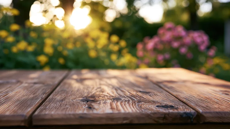 Weathered wooden table surface in a garden with blurred flowers and sunlight in the background
