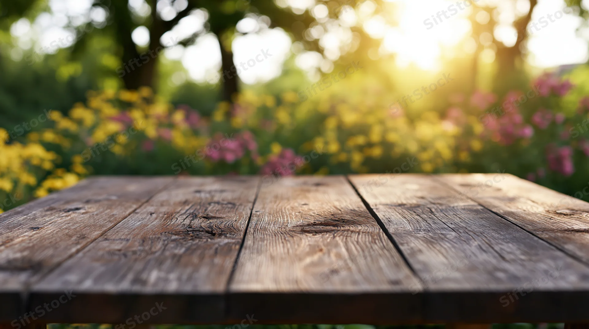 Weathered wooden table surface in a garden with blooming flowers and sunlight in the background