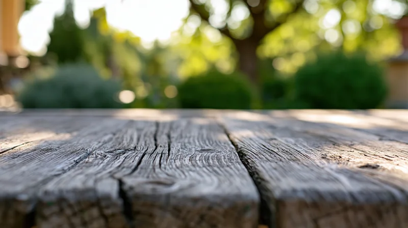 Weathered wooden tabletop in sharp focus with blurred green garden background