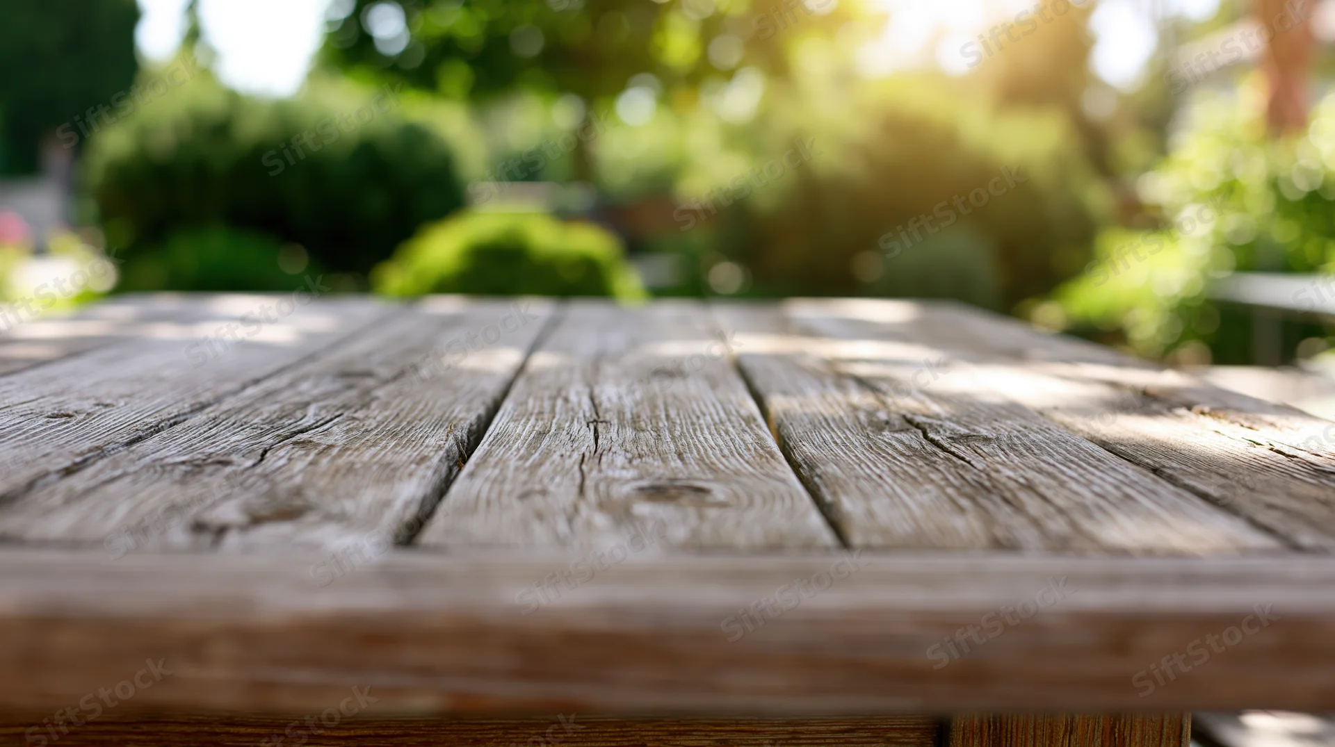Weathered wooden table top in sharp focus with blurred garden background in sunlight