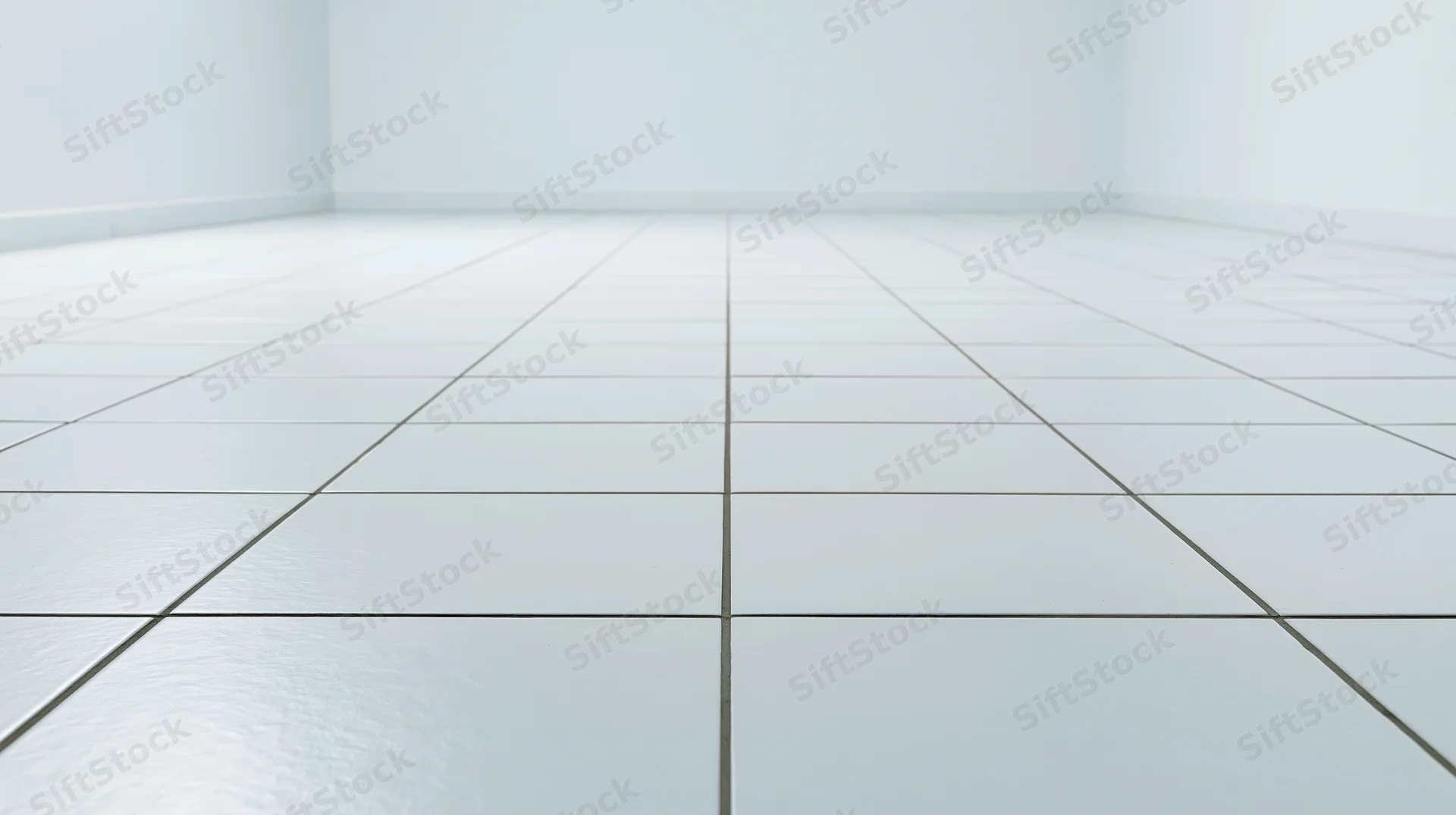 White ceramic tile floor receding into an empty room with plain walls