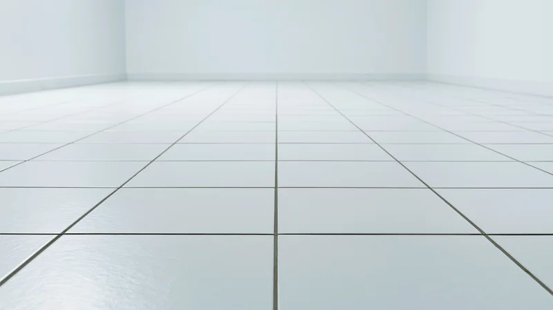 White ceramic tile floor receding into an empty room with plain walls