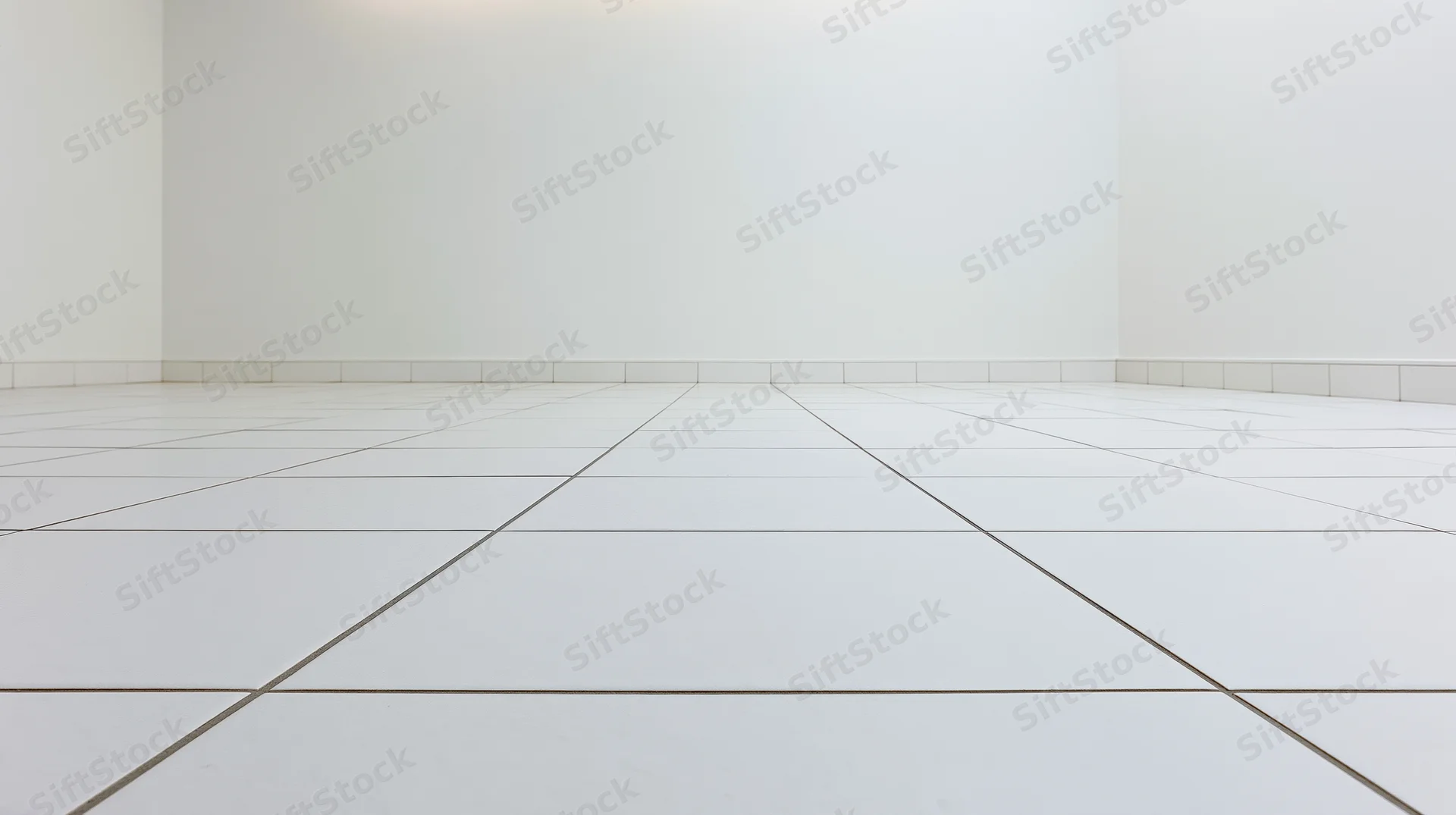 Empty white ceramic tile floor receding toward plain white walls in a minimalist interior