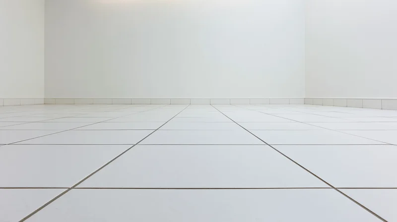 Empty white ceramic tile floor receding toward plain white walls in a minimalist interior