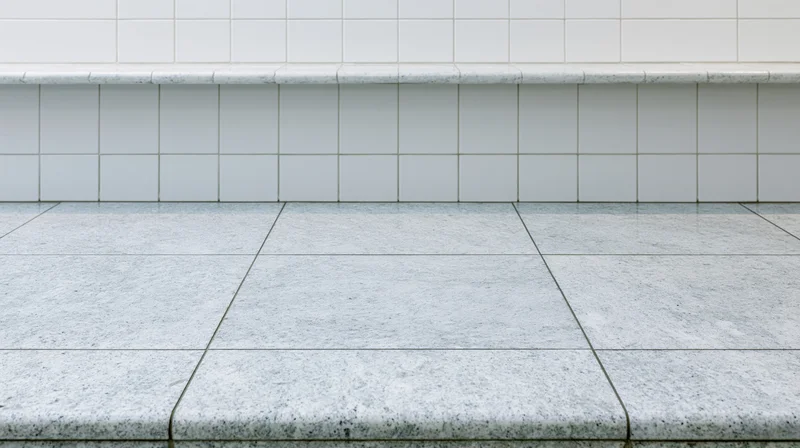 White granite tile floor meeting a white square-tiled wall in an interior space