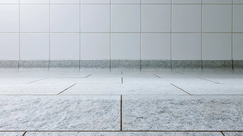 White granite tile floor meeting a white square-tiled wall in an interior space