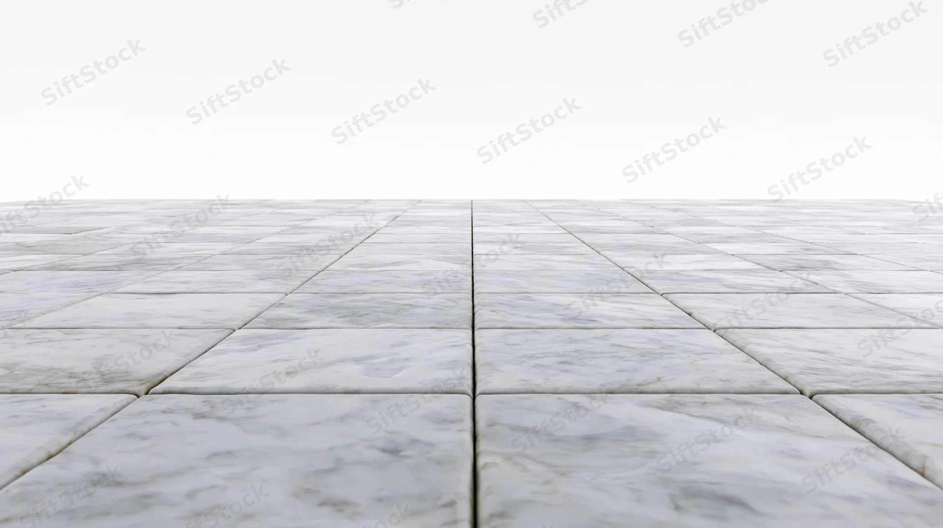 White marble tile floor extending into perspective with grout lines and copyspace above