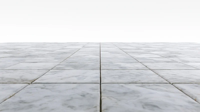 White marble tile floor extending into perspective with grout lines and copyspace above