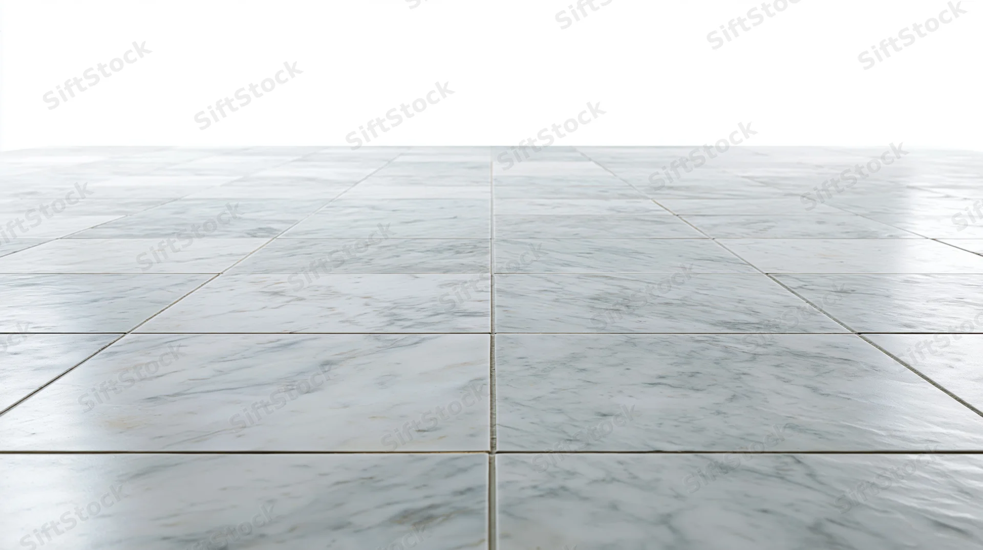 White marble tile floor extending into perspective with grout lines and reflective surface